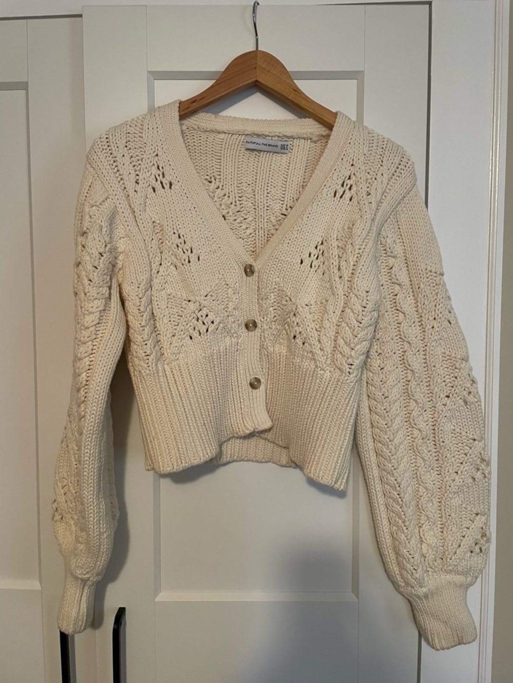 Faithfull the Brand Cream Cable Knit V-Neck Button Cardigan